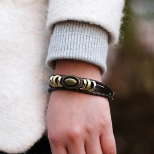 Vintage multilayer woven brown leather bracelet with bronze oval metal charm