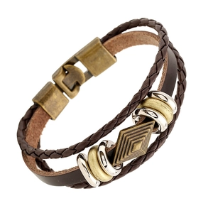 Vintage Braided Cowhide Leather Bracelet Multi Layer Punk Alloy Geometric Wristband For Men Women Jewelry