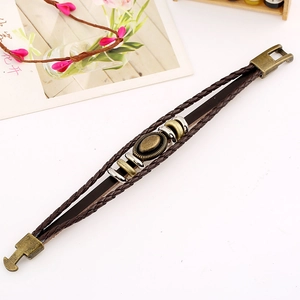 Retro multi-layer braided brown leather bracelet with bronze metal oval ornament