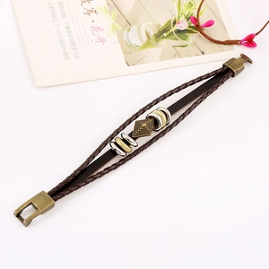 Punk vintage multilayer woven brown leather bracelet with bronze metal diamond charm