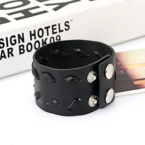 Bracelet large en cuir noir pour homme avec tressage en X et boutons-pression argentés