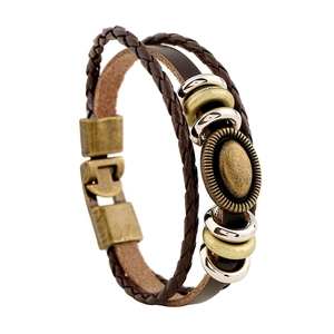 Vintage multi-layer braided brown leather bracelet with antique bronze metal accents
