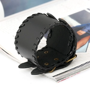 Punk vintage woven black leather bracelet for men with retro copper buckle and stitching