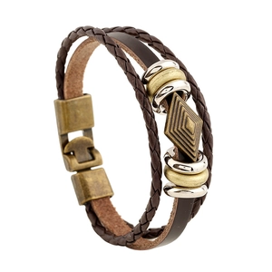 Vintage multi-layer braided leather bracelet with bronze geometric metal buckle charms