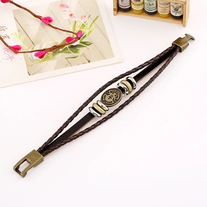 Vintage multi-layer braided leather bracelet with bronze Egyptian scarab and ankh symbols