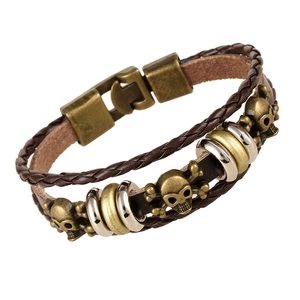 Punk Vintage Multilayer Braided Cowhide Leather Bracelet Alloy Skeleton Pendant Men Women Wrap Wristband Rock Jewelry Gift