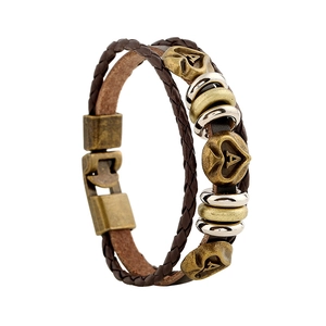 Retro multi-layer brown leather bracelet with woven cords and bronze heart-shaped charms