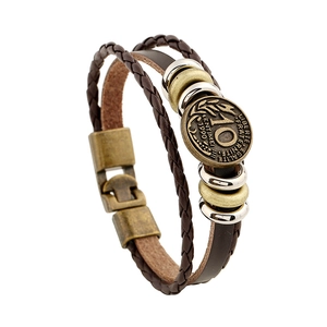 Vintage multi-layer braided cowhide leather bracelet with antique coin and metal rings