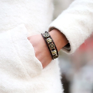 Vintage multi-layer braided leather bracelet with bronze cross and beads for men