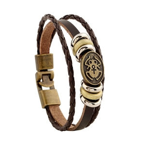 Retro multi-layer braided leather bracelet with beetle metal charm and magnetic clasp