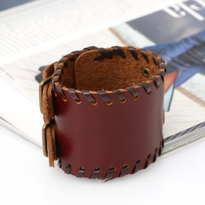 Retro brown woven leather cuff bracelet with double bronze buckles in punk style
