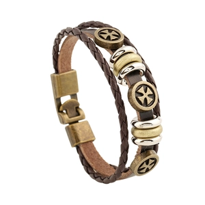 Men's retro multilayer leather bracelet with bronze cross pendant and metal rings