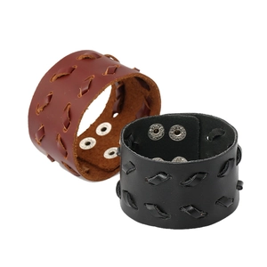 Bracelet Homme en Cuir de Vachette Large Vintage Punk Fait Main Tissé Bracelet avec Boutons-Pression Métalliques Marron Noir Bijoux Cadeau