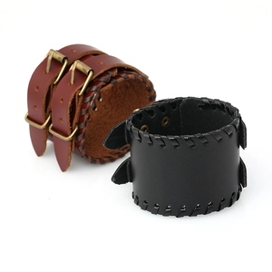 Vintage Punk Men Woven Cowhide Leather Bracelet Wide Wristband With Double Metal Buckles Retro Fashion Jewelry For Men