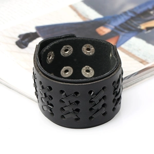Retro black woven leather bracelet with punk style silver snaps for men's jewelry