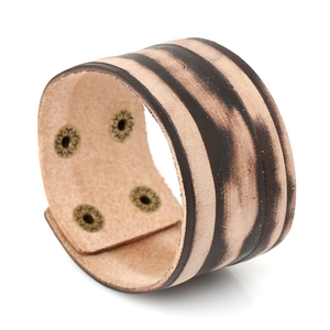 Punk Vintage Wide Leather Bracelet For Men Handmade Cowhide Striped Cuff Bangle With Adjustable Alloy Button Retro Jewelry