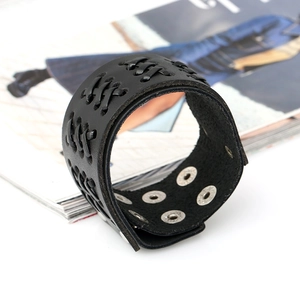 Retro punk black leather braided bracelet with metal snap buttons for men