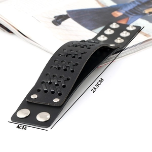 Retro black woven leather bracelet for men with adjustable metal snap buttons