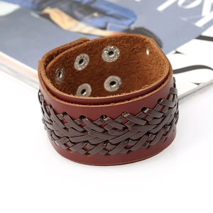 Vintage braided brown leather bracelet with adjustable double row metal snap buttons