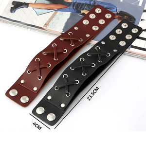 Punk style woven leather bracelets with silver studs in black and brown colors