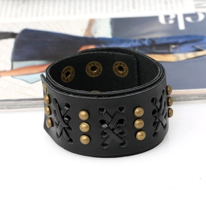 Punk style woven leather bracelet with bronze rivets and adjustable metal snap buttons
