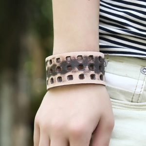 Punk vintage wide genuine leather bracelet with square cutouts and distressed finish