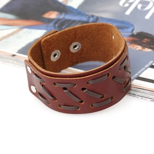 Retro multi-layer wide leather cuff bracelet with woven texture and silver metal studs