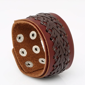 Vintage Punk Men Braided Cowhide Leather Bracelet Wide Cuff Bangle With Adjustable Metal Snap Buttons Dark Brown Jewelry