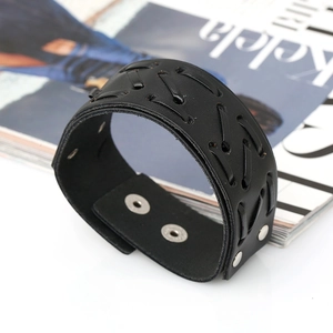 Retro multi-layer wide leather bracelet with braided stitching and metal snap buttons