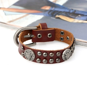Punk style brown leather bracelet with silver rivets and bull head charms for men