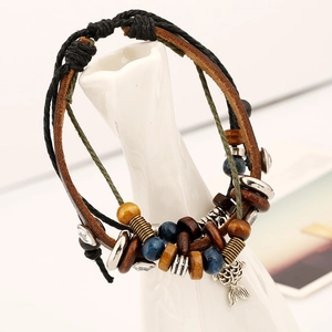 Mehrlagiges Vintage-Lederarmband mit Holzperlen und Fischschwanz-Anhänger für Herren
