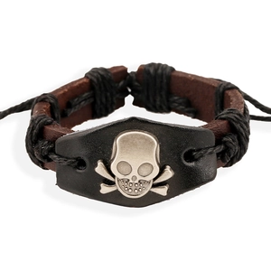 Handmade punk leather bracelet with vintage skull charm and adjustable braided rope cord