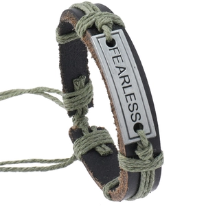 Vintage Retro Leather Bracelet Fearless Metal Plaque Handwoven Cowhide Alloy Hemp Rope Adjustable Punk Bangle Unisex Jewelry