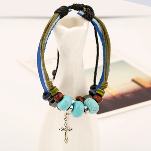 Handmade multilayer leather beaded bracelet with silver cross pendant and turquoise beads