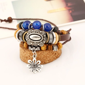 Retro multilayer leather bracelet with blue beads, wooden accents and metal flower pendant