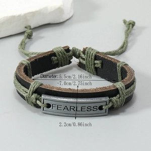 Vintage braided leather bracelet with Fearless silver plate and adjustable drawstring