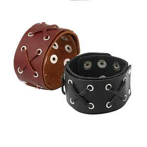 Retro Punk Wide Woven Cowhide Leather Bracelet For Men Women Adjustable Metal Eyelets Lacing Rivet Wristband Fashion Jewelry Gift