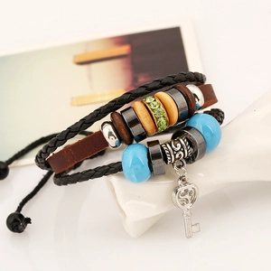 Men's retro multilayer leather bracelet with wooden beads and silver key charm