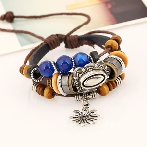 Bohemian multi-layer leather bracelet with blue beads and hollow flower pendant