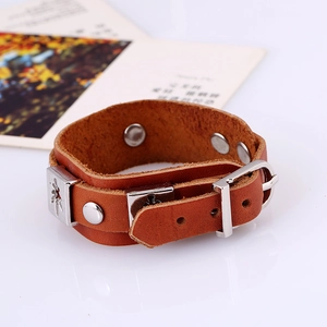 Vintage brown leather wristband with silver maple leaf sliders and metal buckle