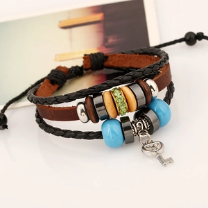 Retro multi-layer leather bracelet with blue beads and vintage silver key pendant