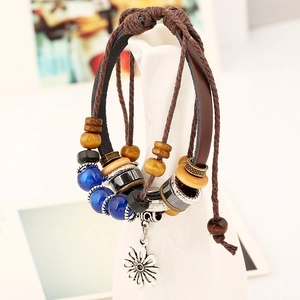 Handmade multilayer leather bracelet with beads and vintage silver floral pendant