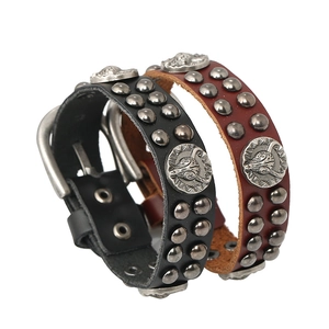 Vintage Punk Leather Bracelet Bull Skull Metal Rivet Studded Adjustable Wristband For Men Women Rock Gothic Jewelry