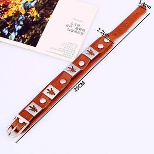 Punk vintage brown leather bracelet with silver maple leaf metal plates and studs
