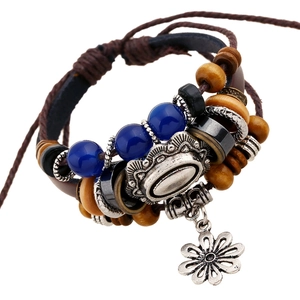 Retro Bohemian Multi-layer Leather Bracelet Handmade Beaded Adjustable Ethnic Alloy Flower Pendant Men Women Jewelry