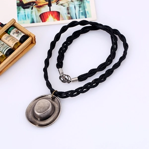 Vintage silver alloy cowboy hat pendant with black braided rope necklace for men