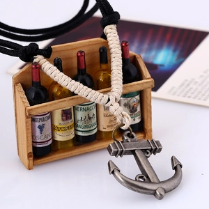Retro anchor necklace with woven hemp rope on a vintage wooden wine rack background