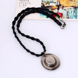 Vintage cowboy hat alloy pendant with black woven rope necklace for men in punk style