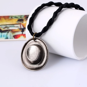 Retro cowboy hat pendant necklace with black braided rope for punk and vintage style