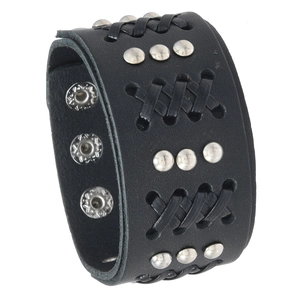 Men's retro punk wide leather bracelet with silver rivets and braided texture detail